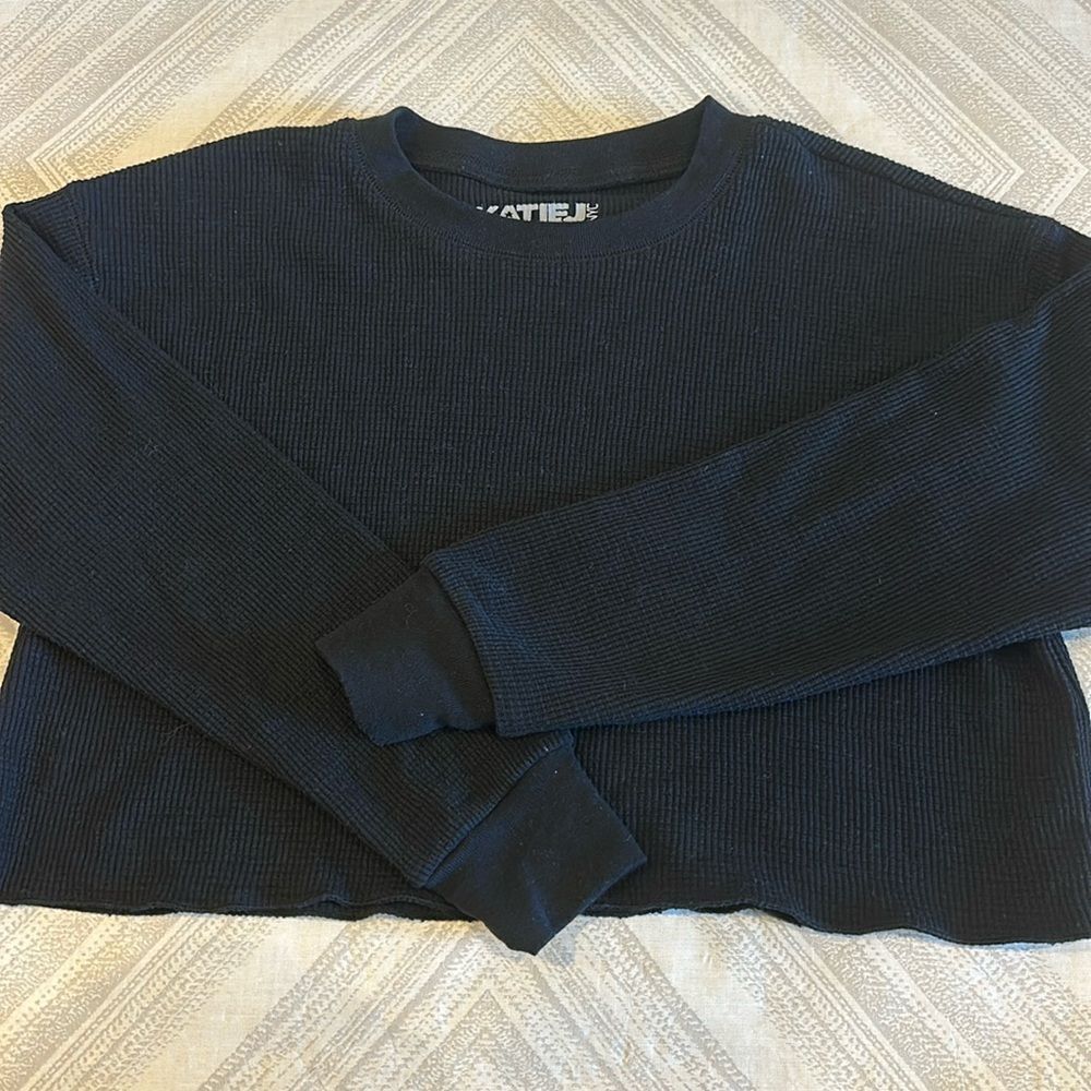 Katie J NYC Girls Black Cropped Waffle Shirt - Size XS